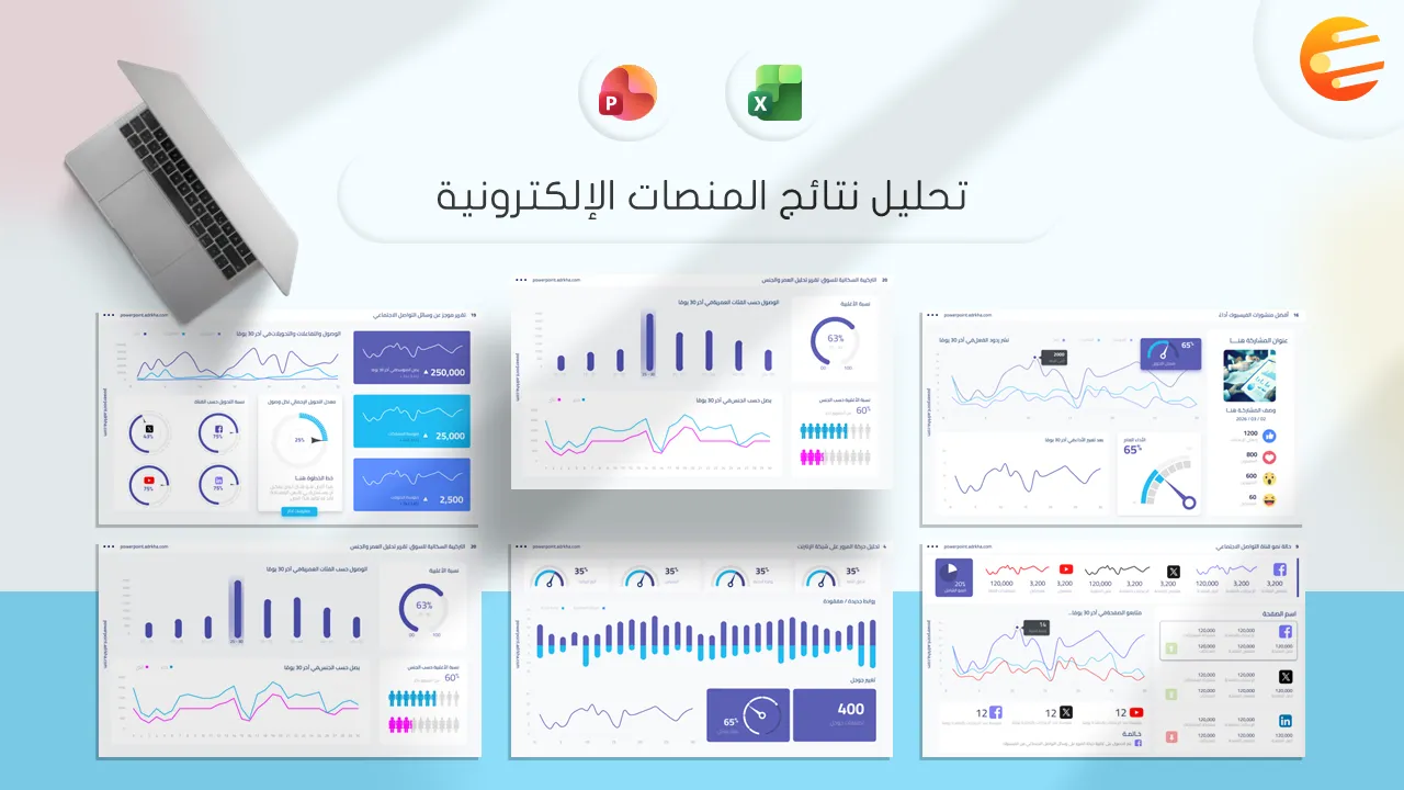 قالب بوربوينت رسم بياني لتحليل نتائج المنصات الإلكترونية kpi