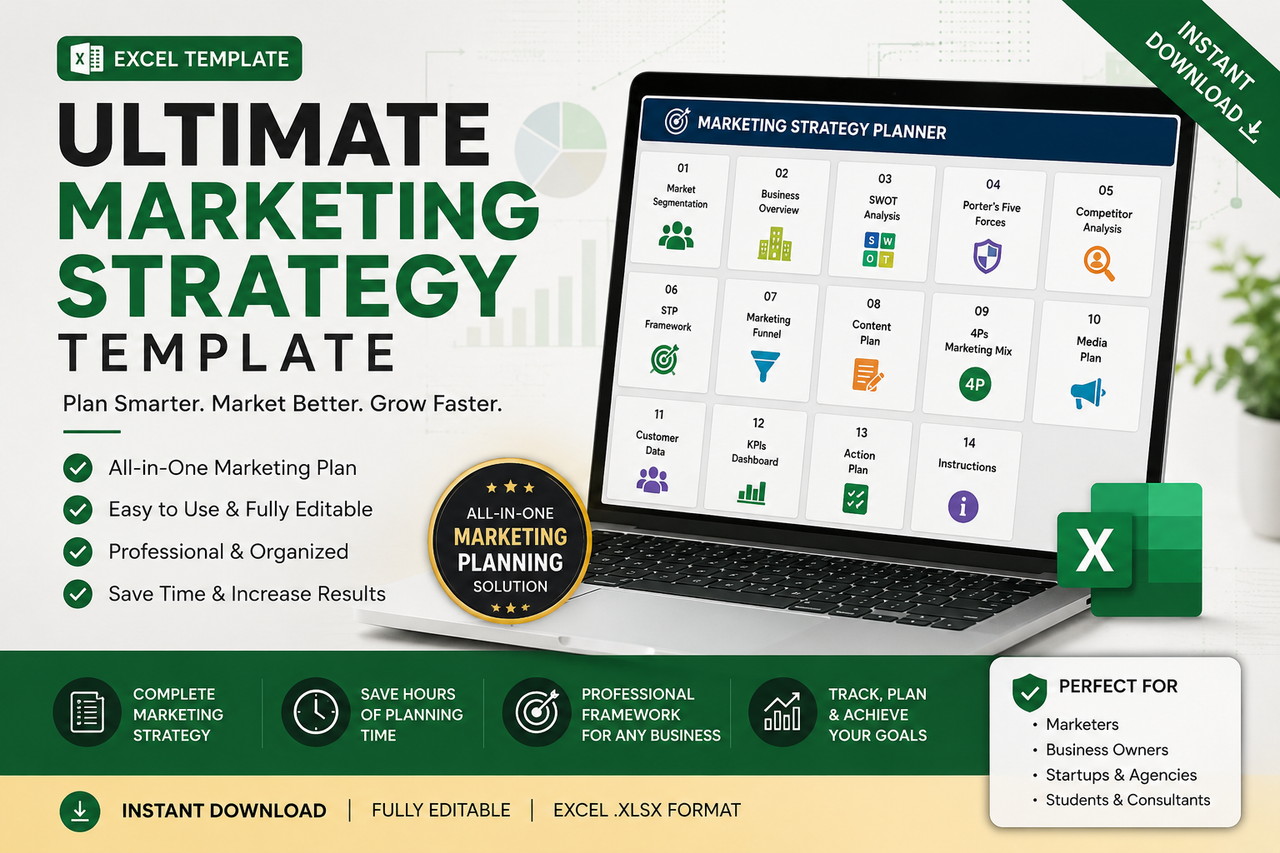 Ultimate Marketing Strategy Excel Template | SWOT, STP, 4Ps, Media Plan & Marketing Funnel